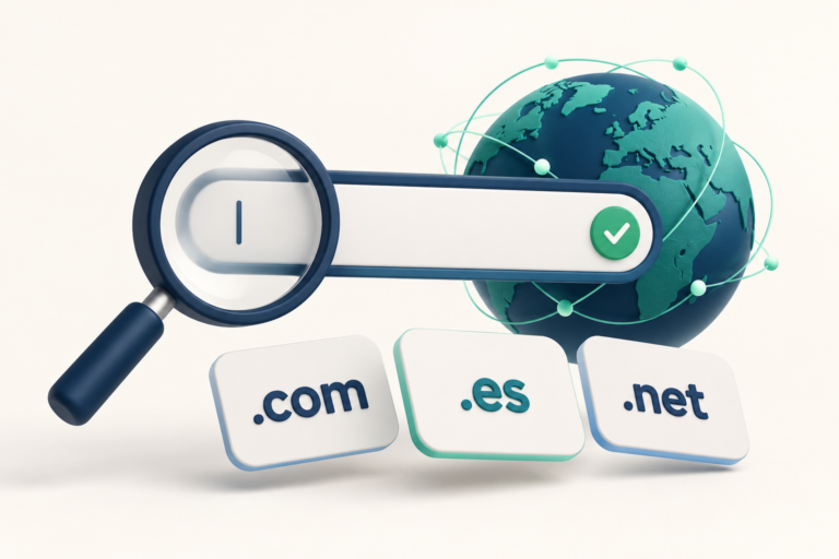 Ilustración de búsqueda de dominios con una lupa, un globo y las extensiones .com, .es y .net